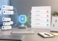 Email and chat follow-ups flowing through AI into organized task cards with calendar due dates.