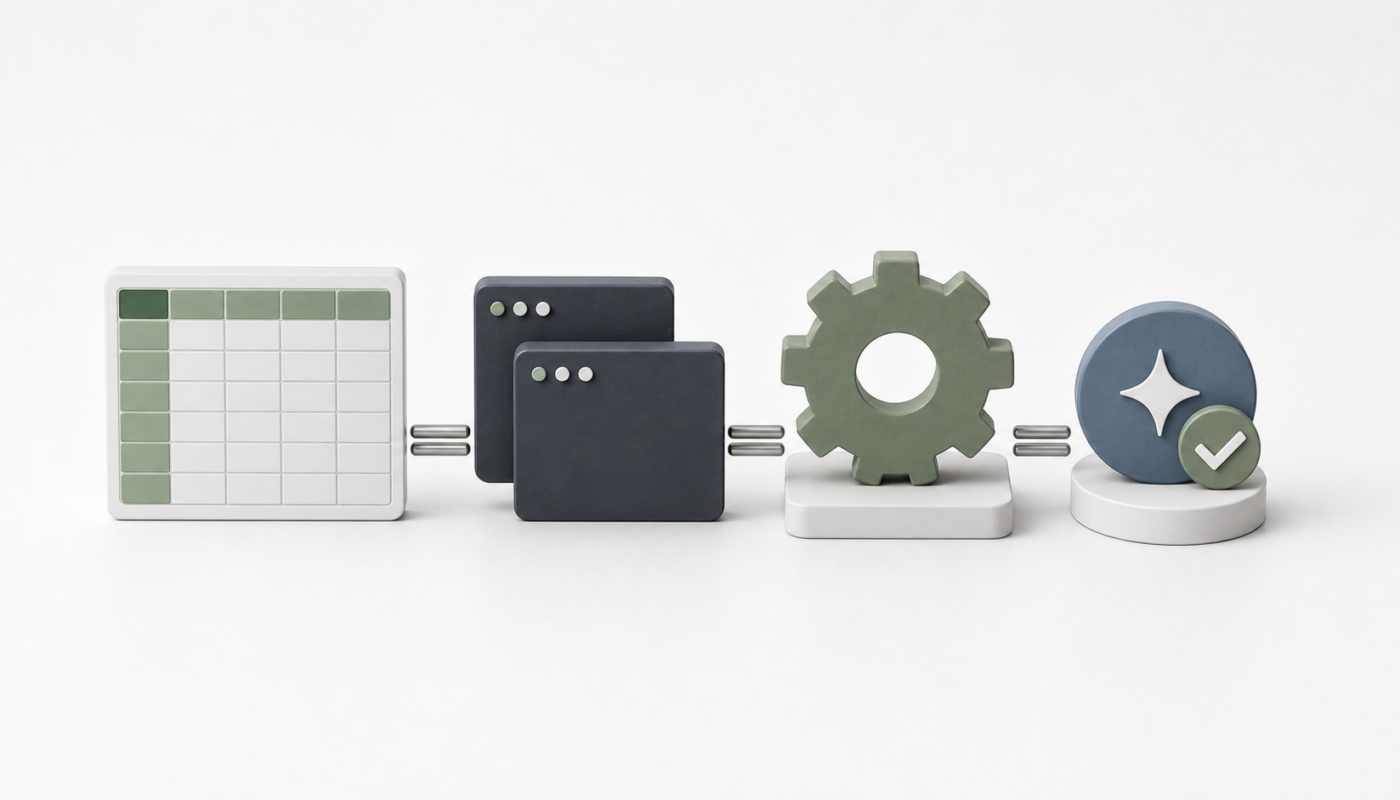 Minimal spreadsheet automation workflow with prompt cards, code blocks, a gear, and a review checklist.