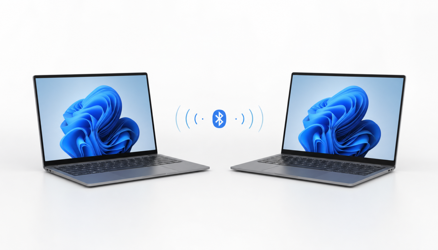 Two Windows 11 laptops connected by a Bluetooth PAN link on a white background.