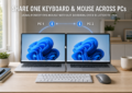 Two Windows 11 laptops sharing one keyboard and mouse over a Bluetooth PAN connection